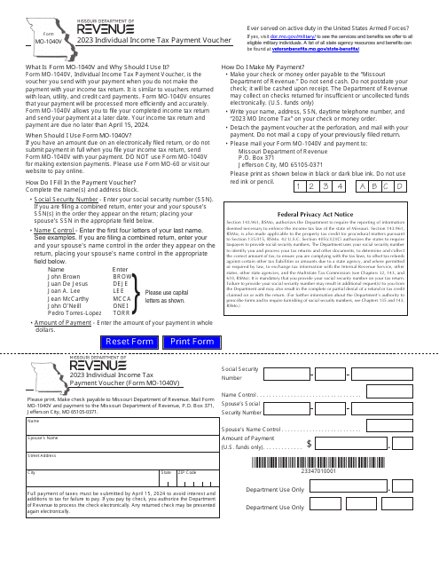 Form MO-1040V Individual Income Tax Payment Voucher - Missouri, 2023