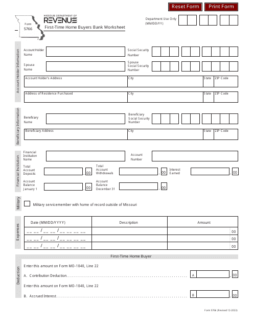 Form 5766 First-Time Home Buyers Bank Worksheet - Missouri