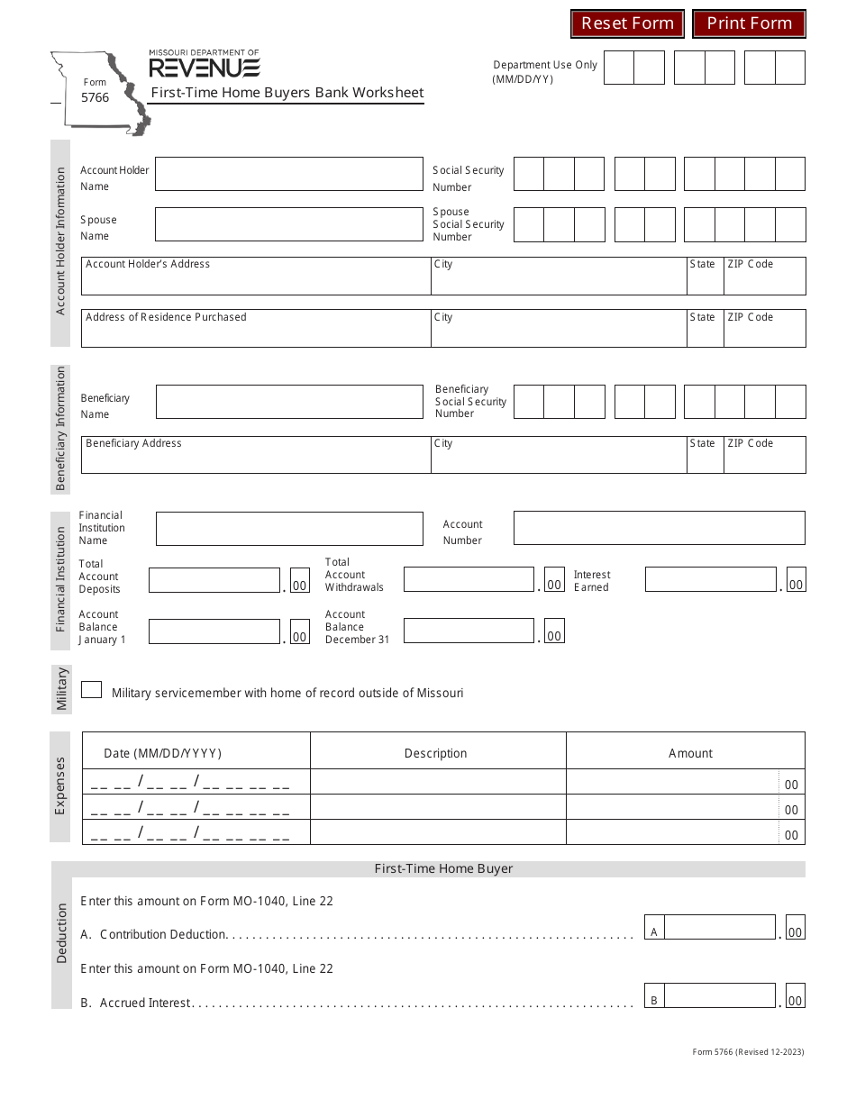 Form 5766 First-Time Home Buyers Bank Worksheet - Missouri, Page 1