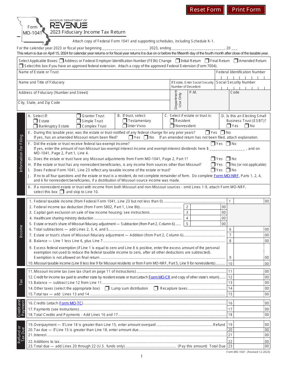 Form MO-1041 Download Fillable PDF or Fill Online Fiduciary Income Tax ...