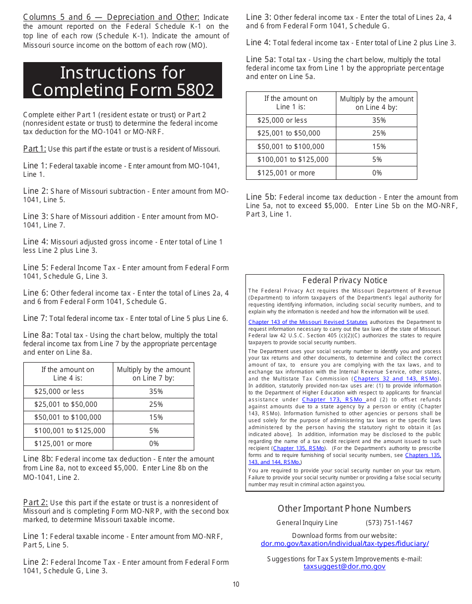 Form MO-1041 Fiduciary Income Tax Return - Missouri, Page 10