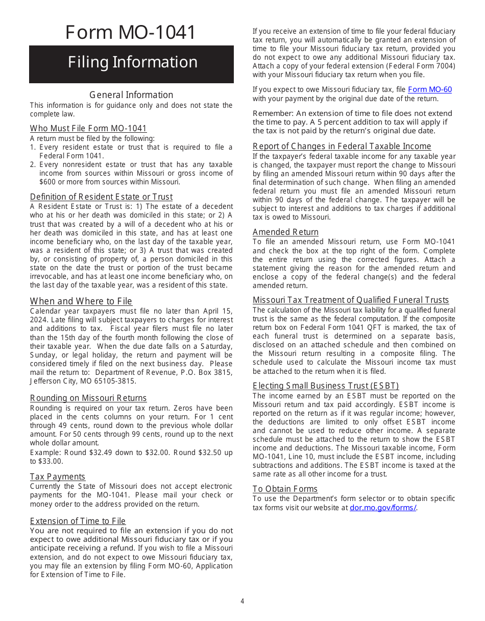 Form MO-1041 Fiduciary Income Tax Return - Missouri, Page 4
