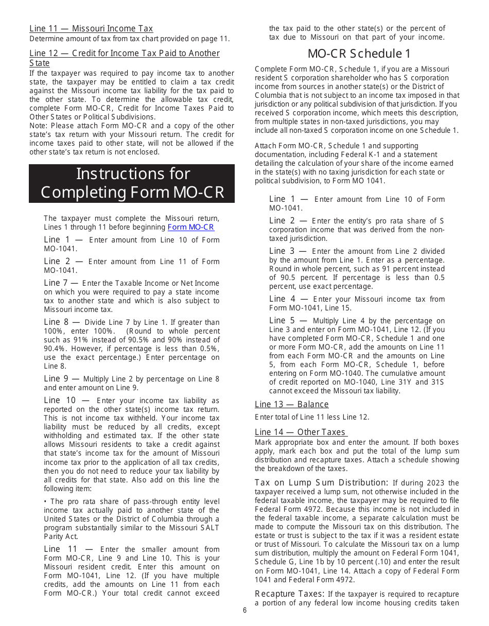 Form MO-1041 Fiduciary Income Tax Return - Missouri, Page 6