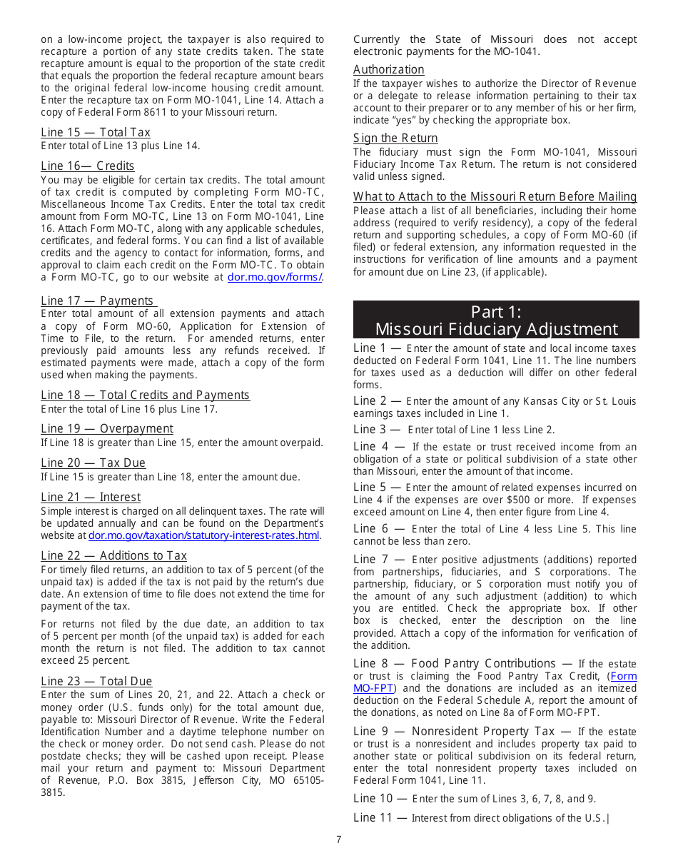 Form MO-1041 Fiduciary Income Tax Return - Missouri, Page 7