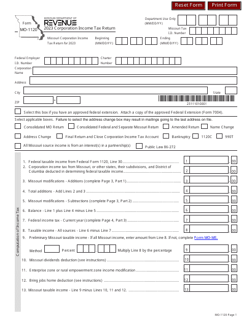 Form MO-1120 Corporation Income Tax Return - Missouri, 2023