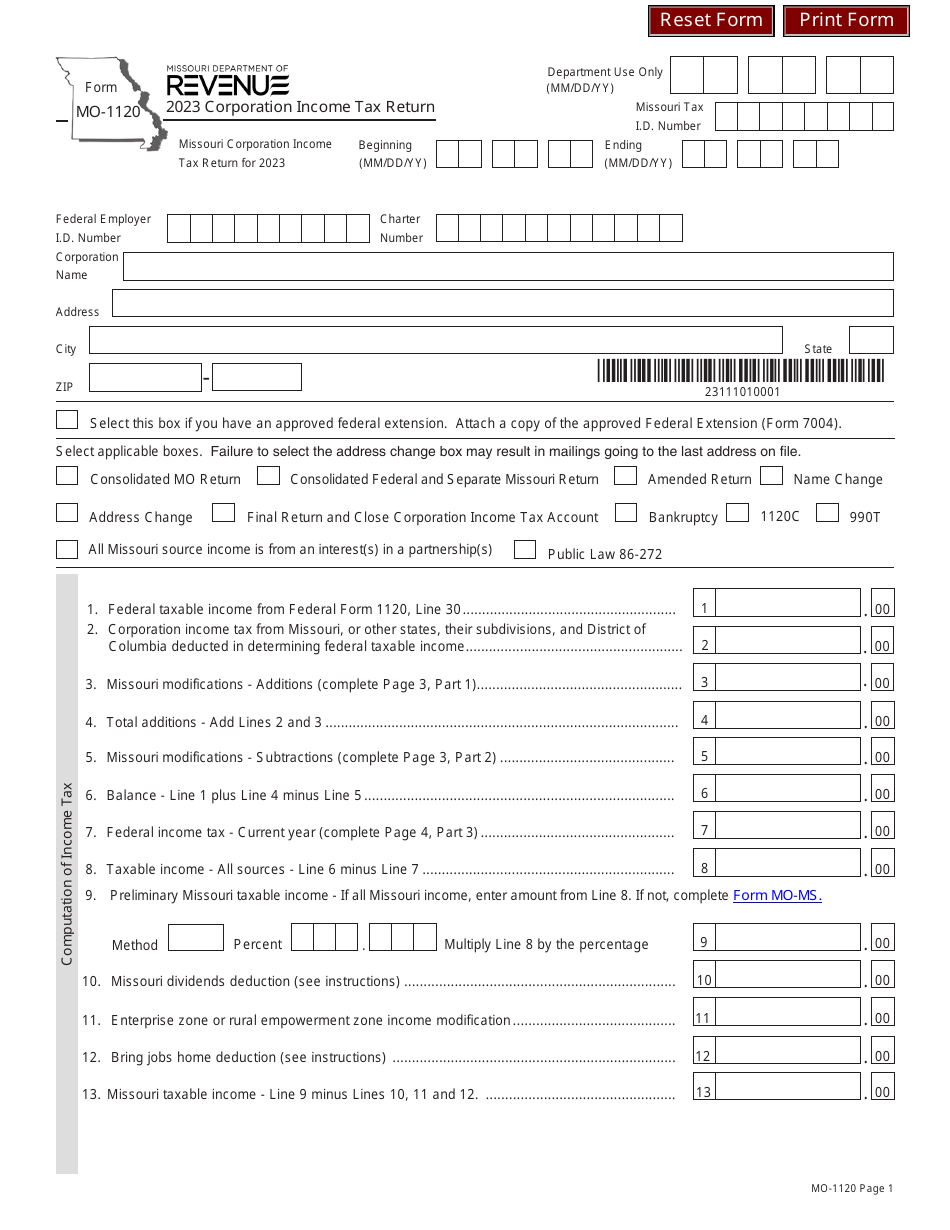 Form MO-1120 Download Fillable PDF or Fill Online Corporation Income ...