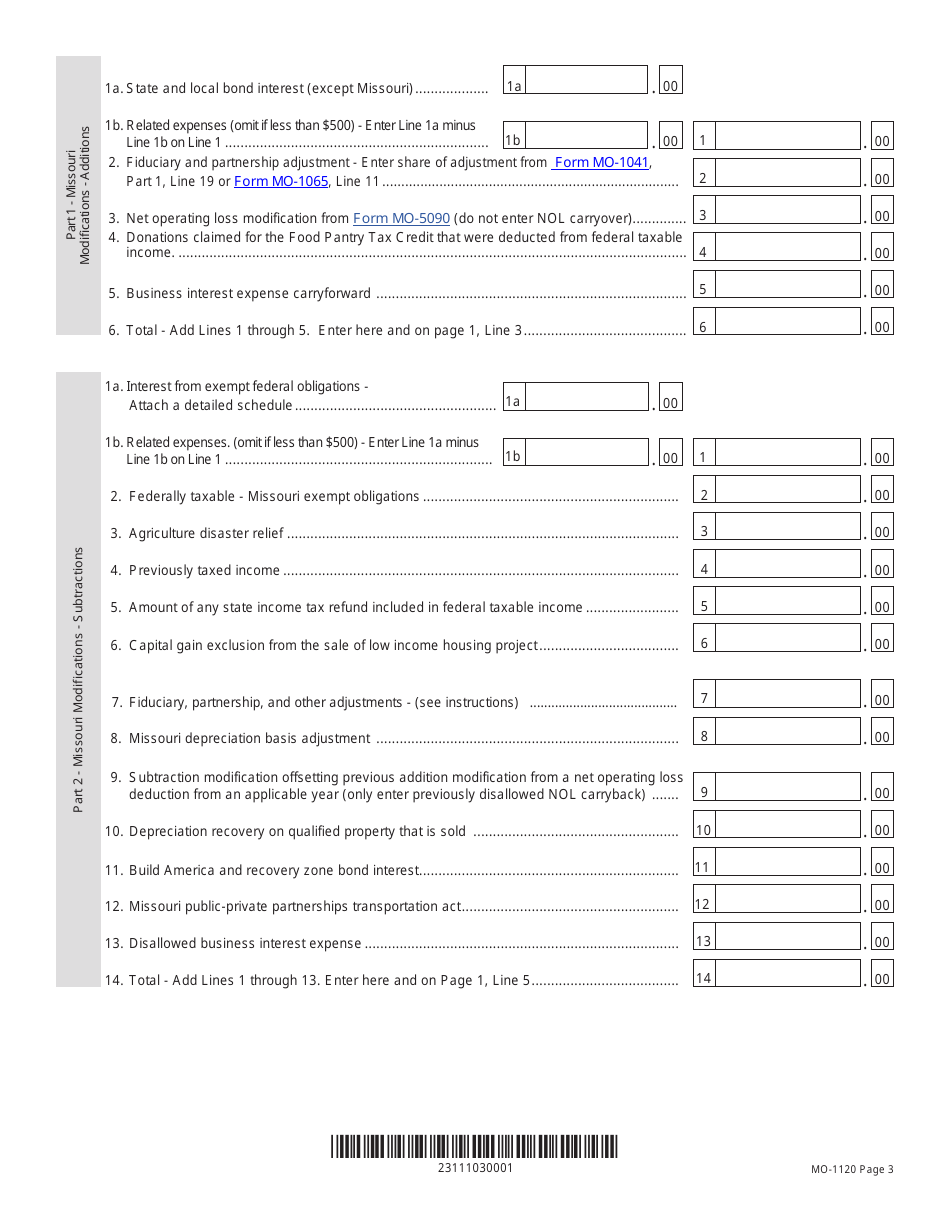 Form MO-1120 Corporation Income Tax Return - Missouri, Page 3