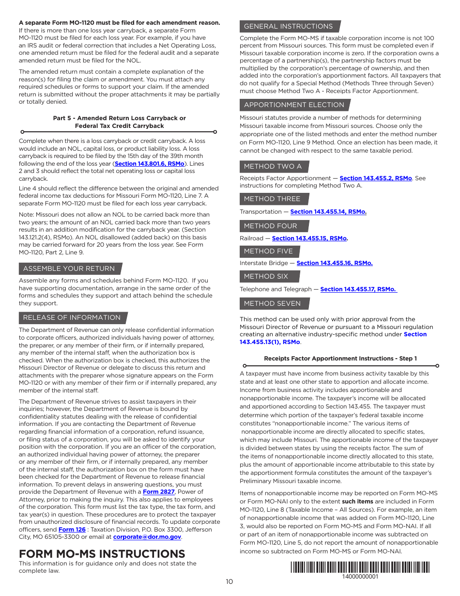 Instructions for Form MO-1120 Corporation Income Tax Return - Missouri, Page 10