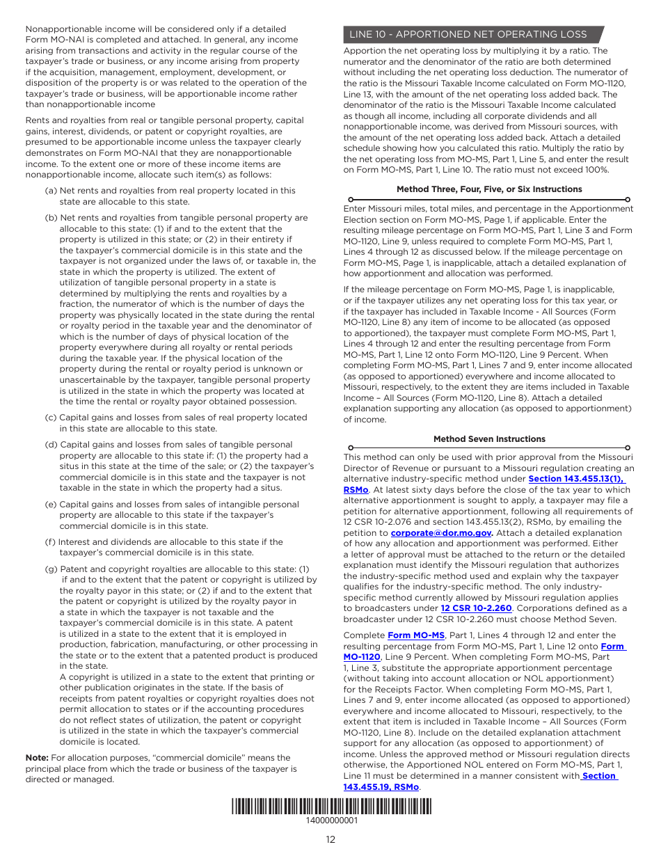 Instructions for Form MO-1120 Corporation Income Tax Return - Missouri, Page 12