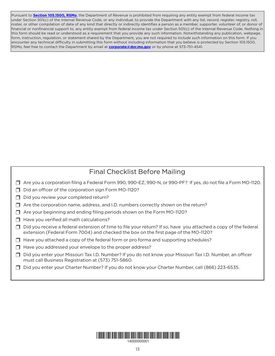 Instructions for Form MO-1120 Corporation Income Tax Return - Missouri, Page 13