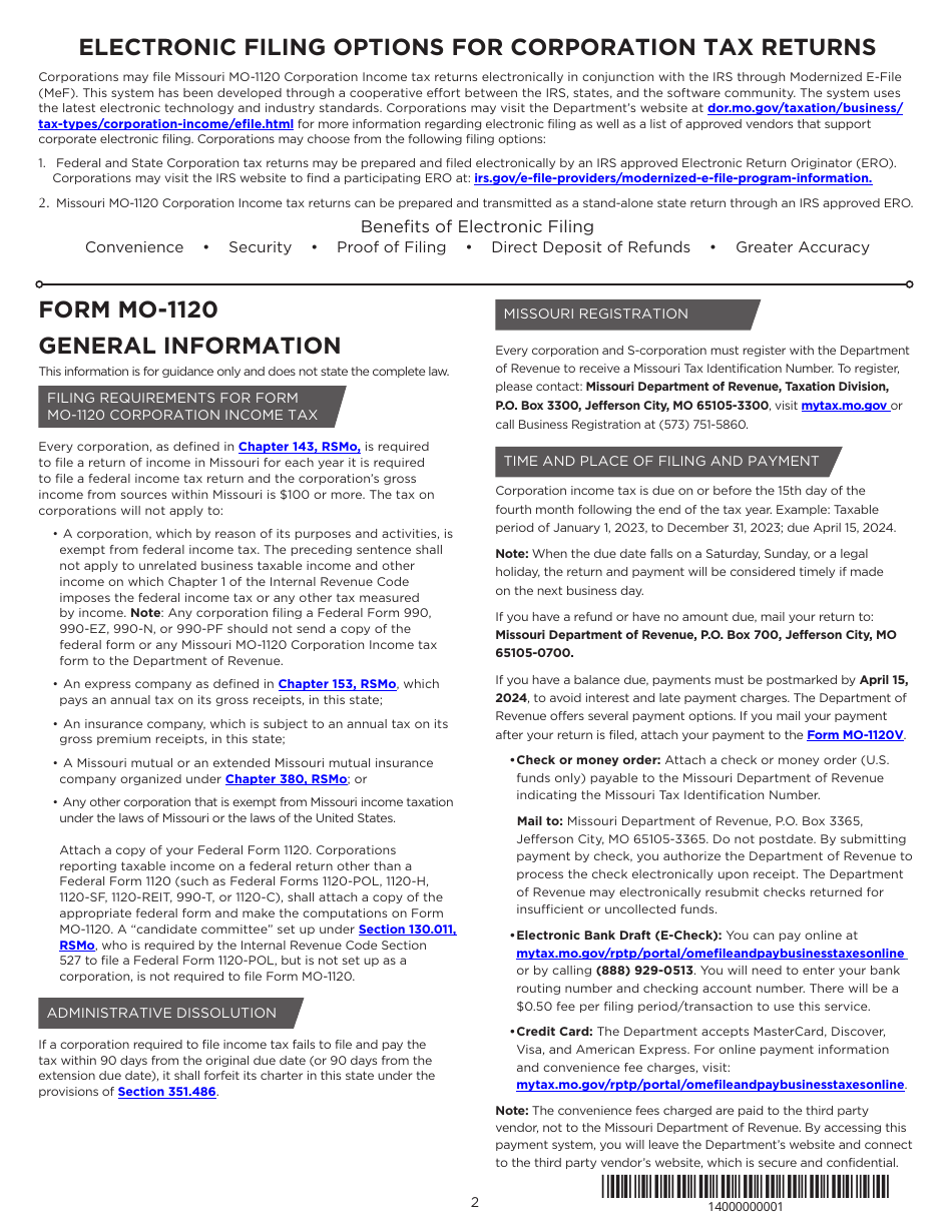 Instructions for Form MO-1120 Corporation Income Tax Return - Missouri, Page 2