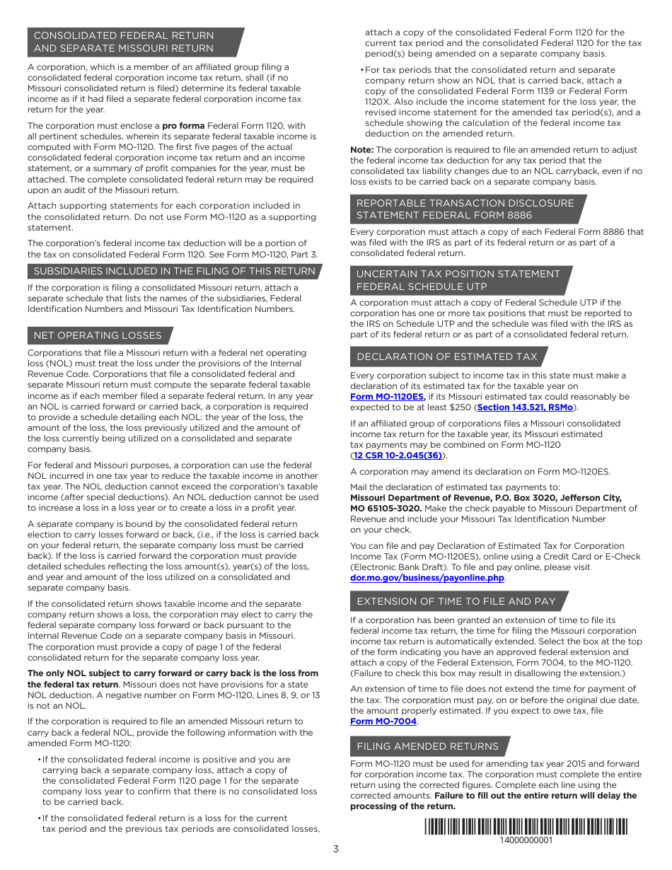 Instructions for Form MO-1120 Corporation Income Tax Return - Missouri, Page 3