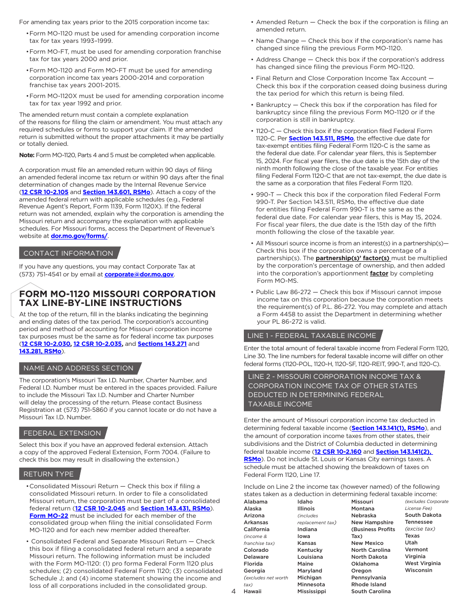 Instructions for Form MO-1120 Corporation Income Tax Return - Missouri, Page 4