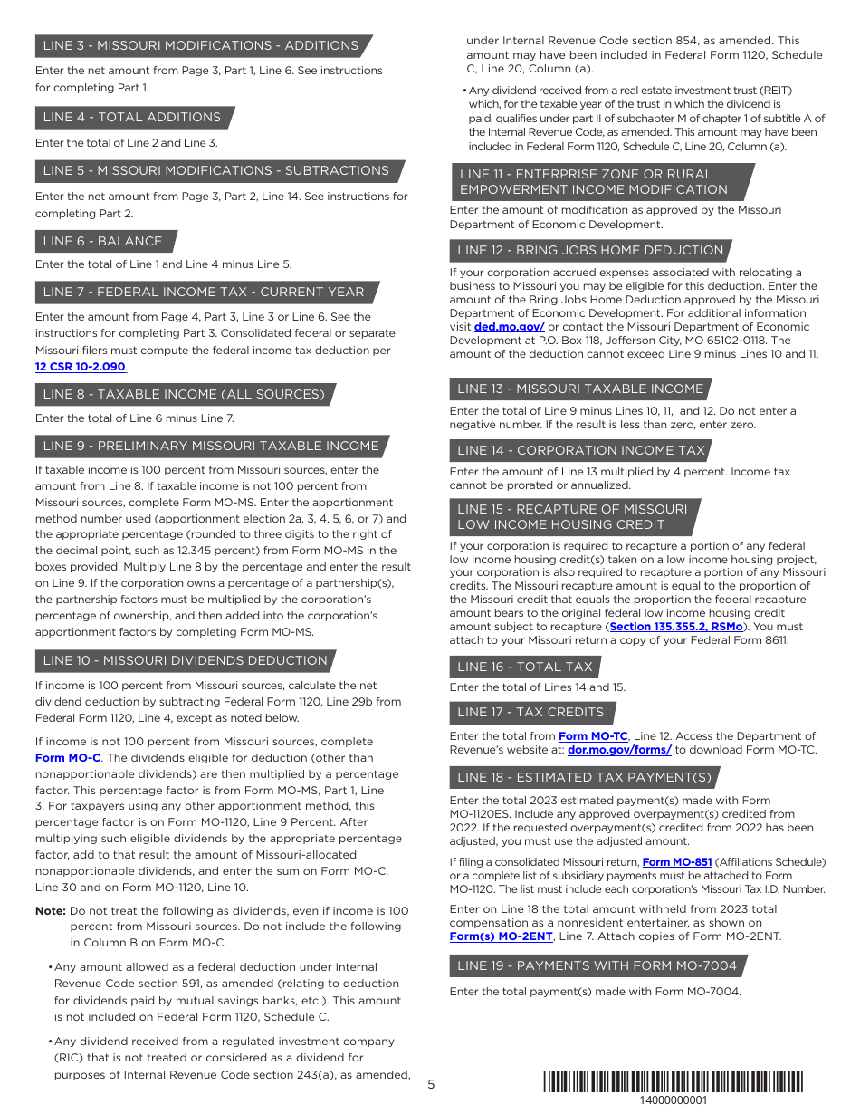 Instructions for Form MO-1120 Corporation Income Tax Return - Missouri, Page 5