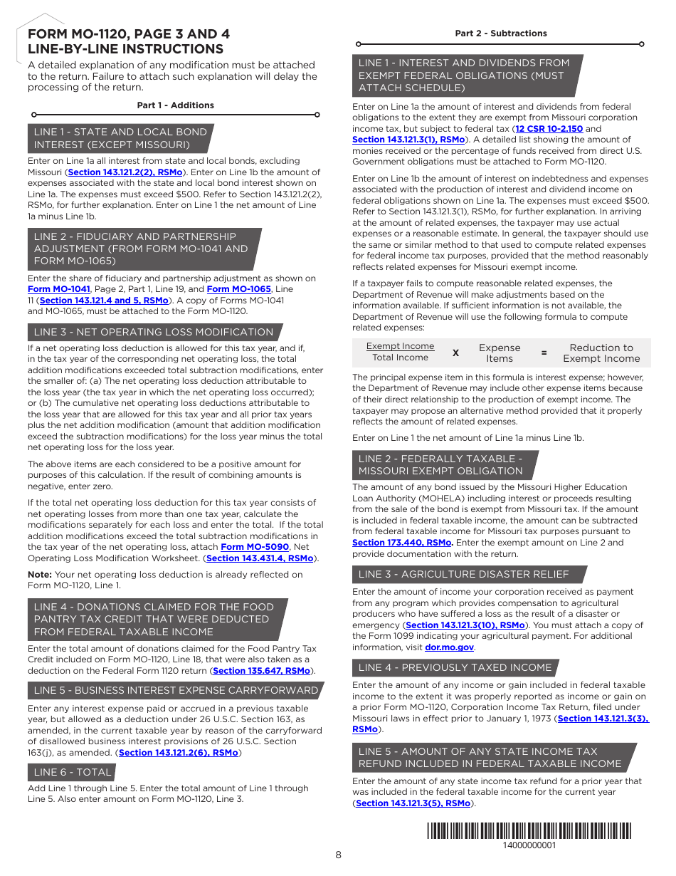Instructions for Form MO-1120 Corporation Income Tax Return - Missouri, Page 8