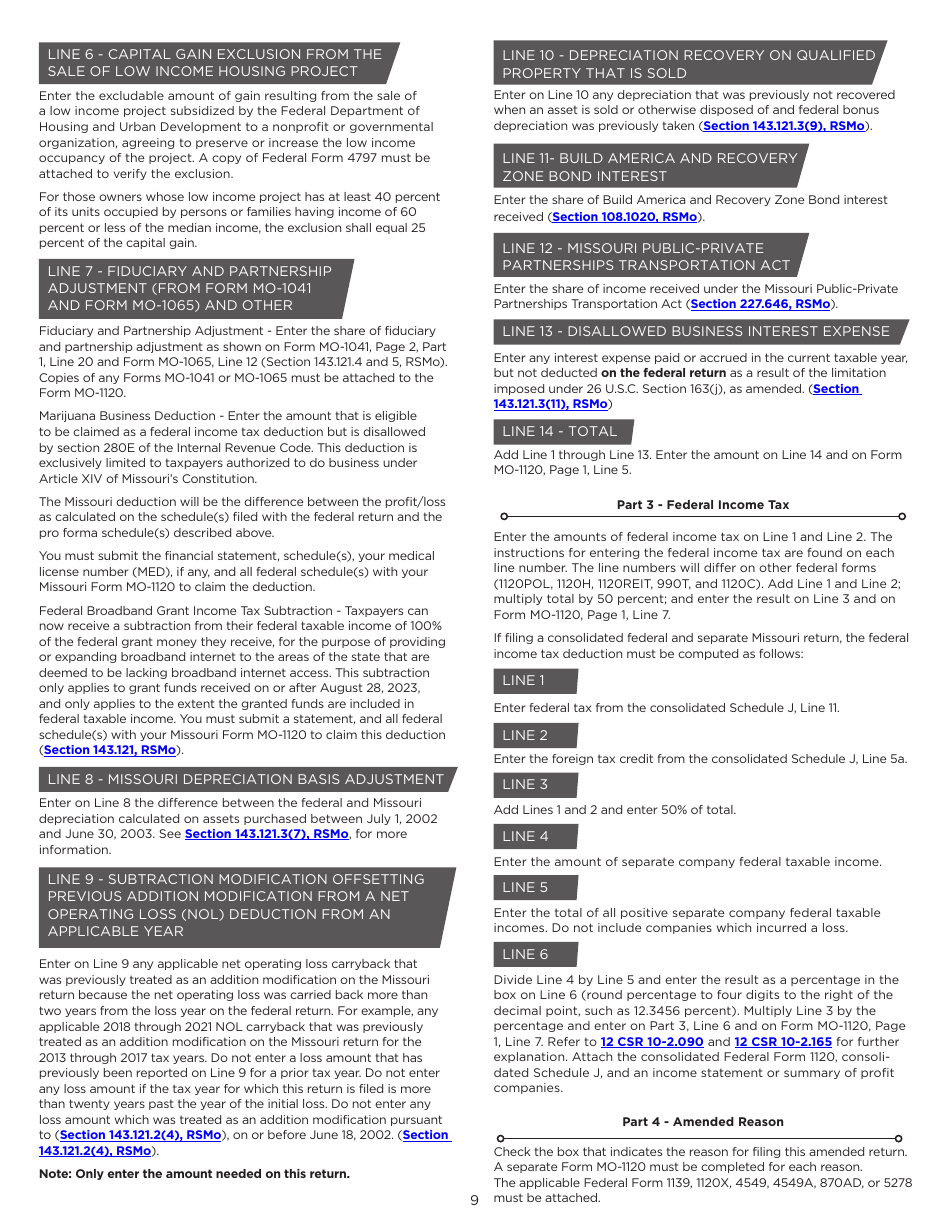 Instructions for Form MO-1120 Corporation Income Tax Return - Missouri, Page 9