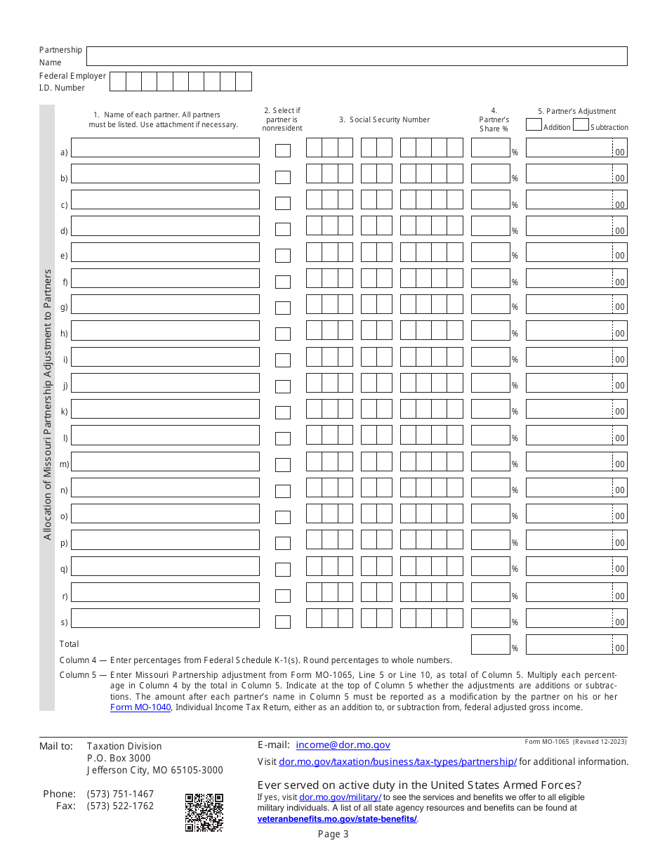 Form MO-1065 Download Fillable PDF or Fill Online Partnership Return of ...