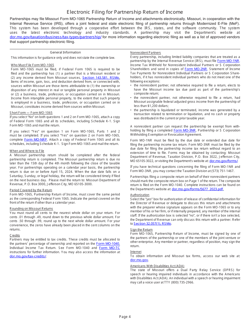 Form MO-1065 Partnership Return of Income - Missouri, Page 4