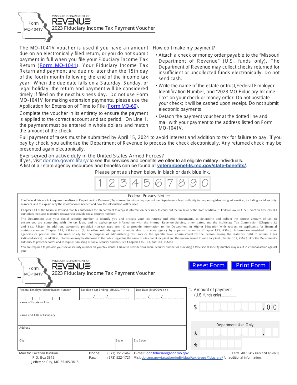 Form MO-1041V Fiduciary Income Tax Payment Voucher - Missouri, Page 1