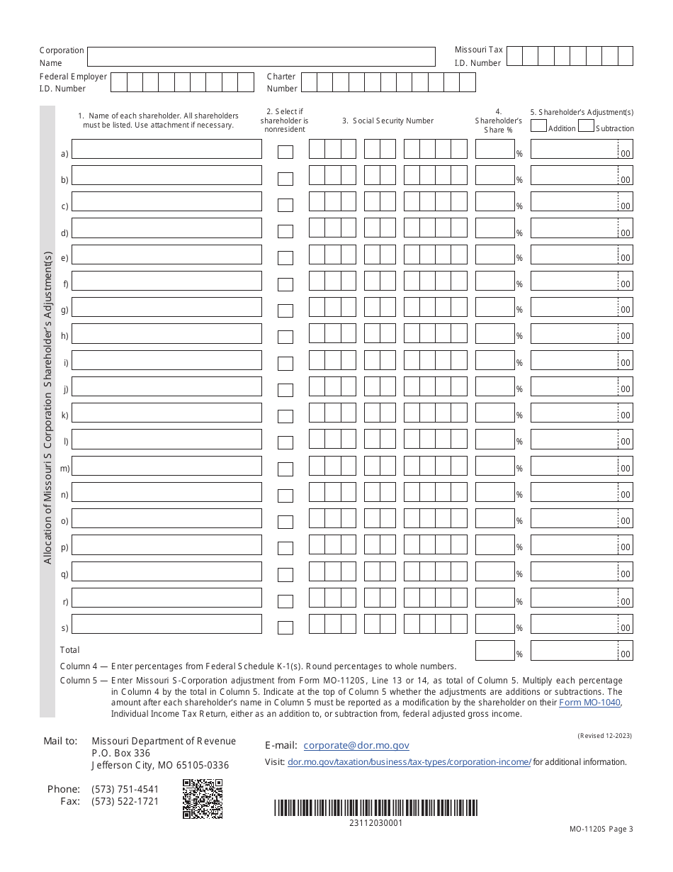 Form MO-1120S S-Corporation Income Tax Return - Missouri, Page 3