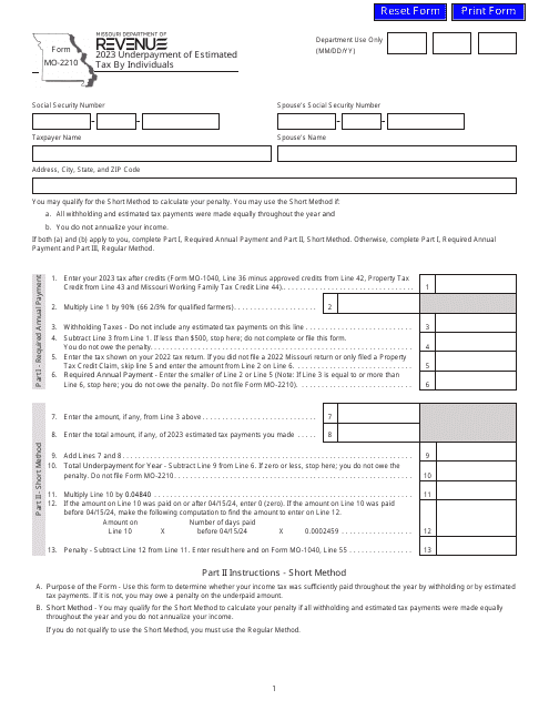 Form MO-2210 Underpayment of Estimated Tax by Individuals - Missouri, 2023