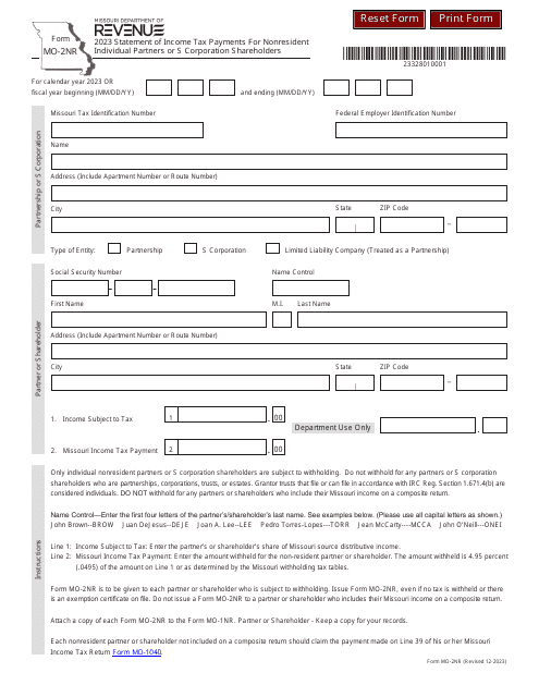Form MO-2NR 2023 Printable Pdf