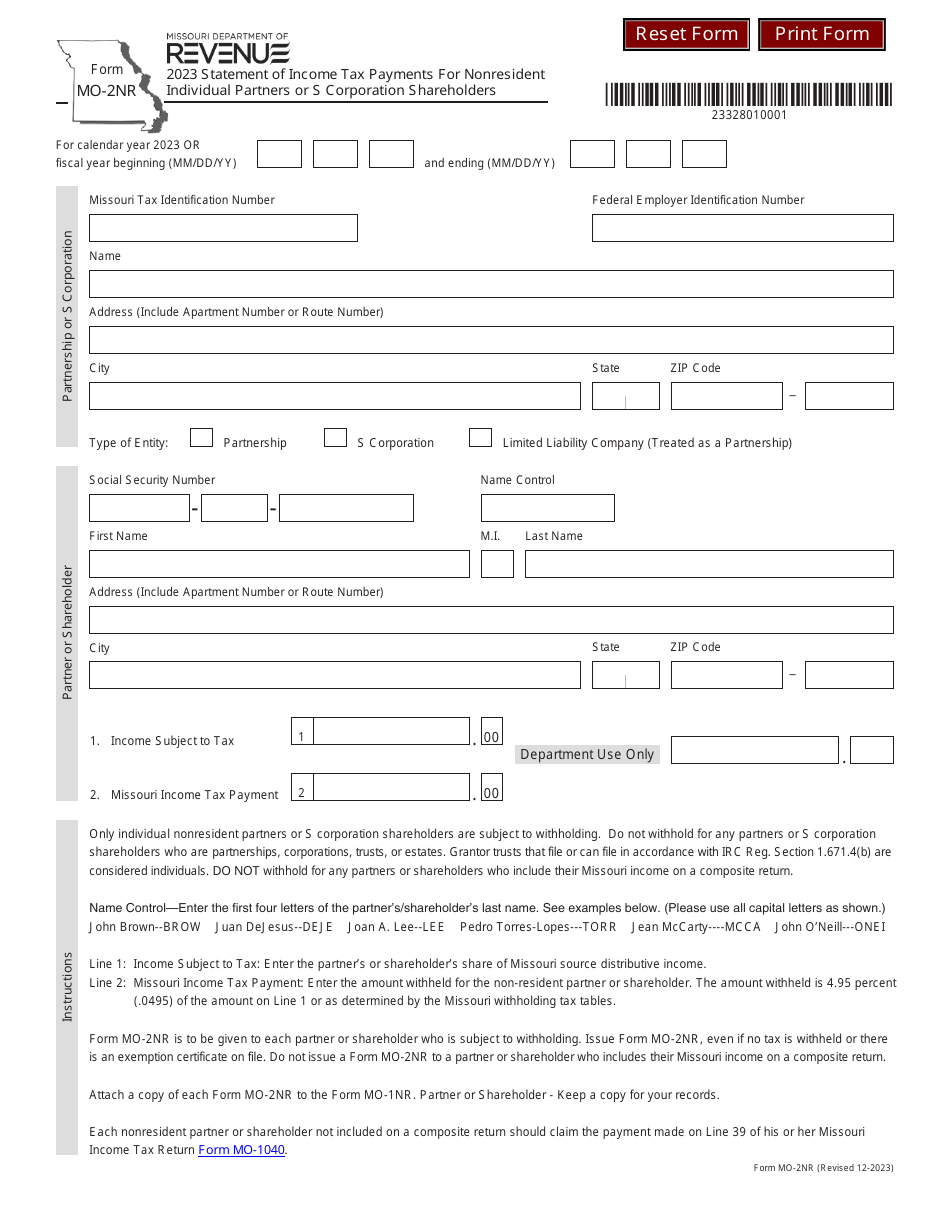 Form MO-2NR Statement of Income Tax Payments for Nonresident Individual Partners or S Corporation Shareholders - Missouri, Page 1