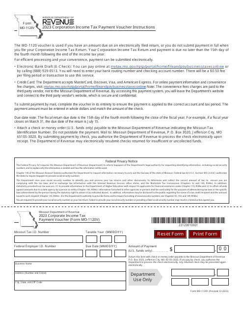 Form MO-1120V Corporate Income Tax Payment Voucher - Missouri, 2023