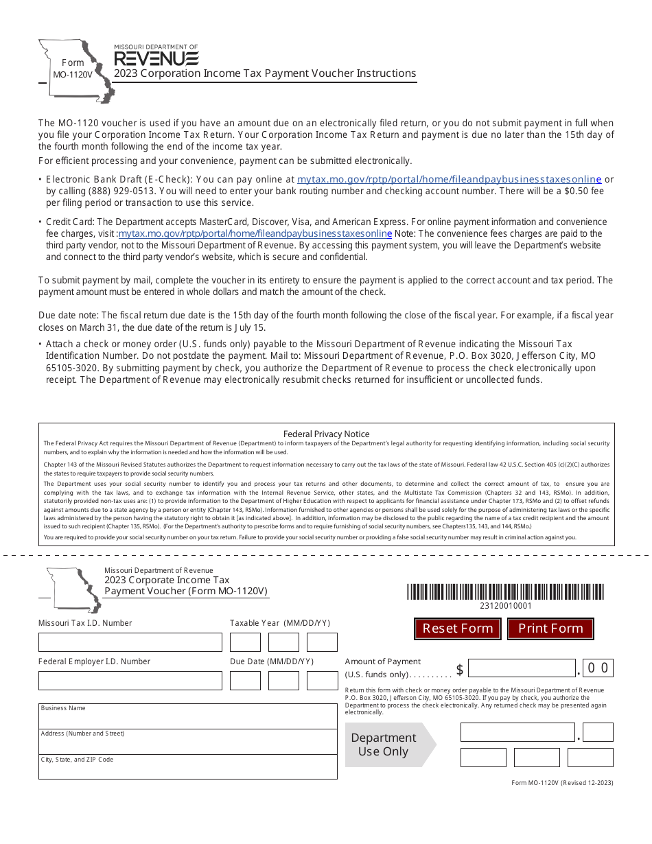 Form MO-1120V Corporate Income Tax Payment Voucher - Missouri, Page 1