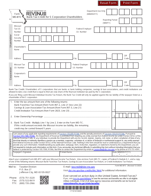 Form MO-BTC Bank Tax Credit for S Corporation Shareholders - Missouri