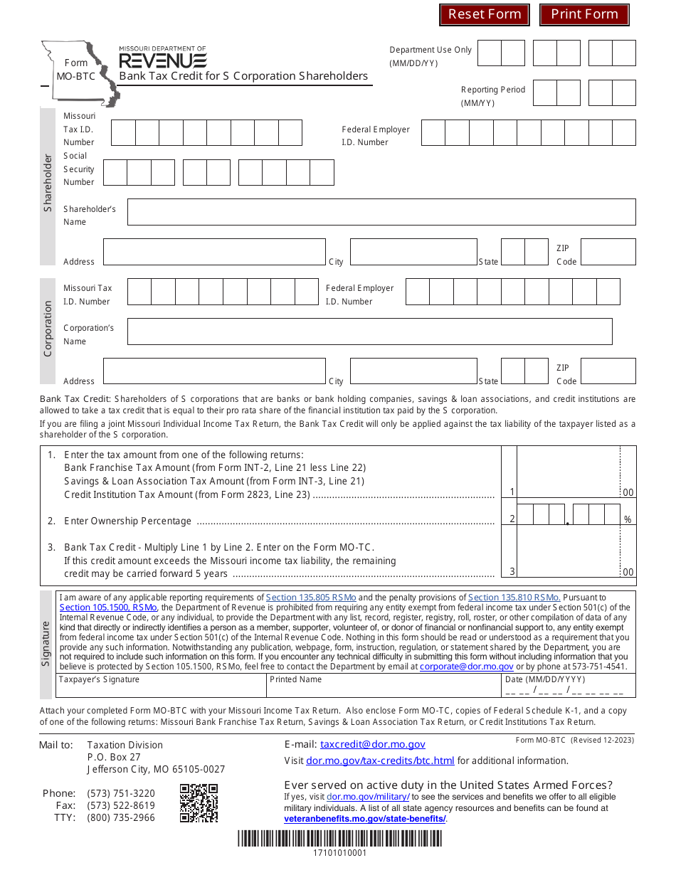Form MO-BTC Bank Tax Credit for S Corporation Shareholders - Missouri, Page 1