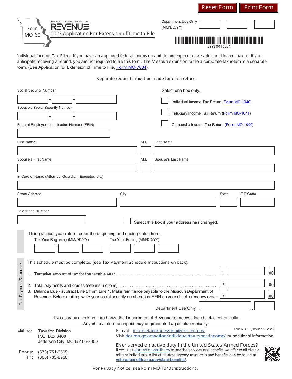 Form MO-60 Application for Extension of Time to File - Missouri, Page 1