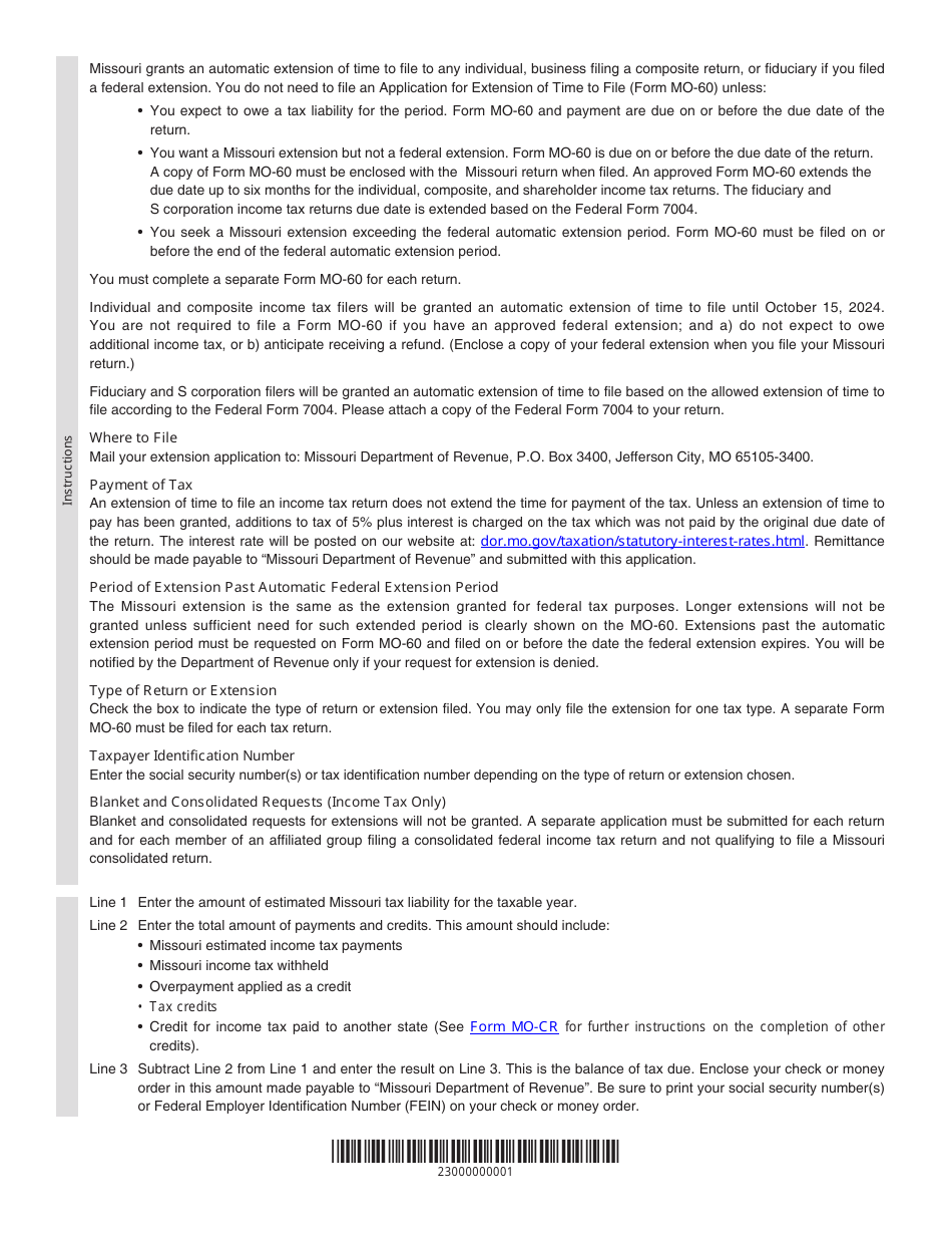 Form MO-60 Application for Extension of Time to File - Missouri, Page 2