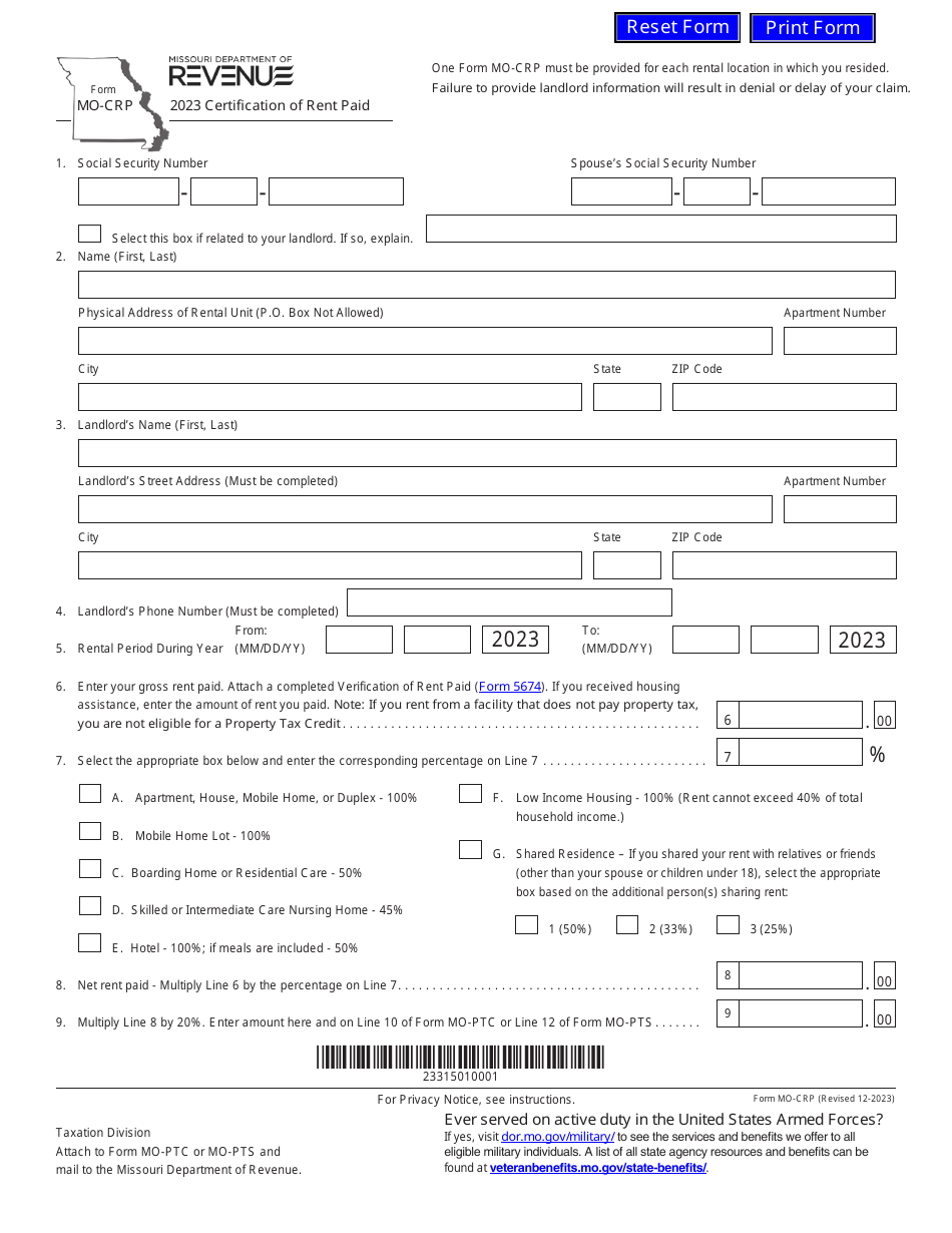Form MOCRP Download Fillable PDF or Fill Online Certification of Rent