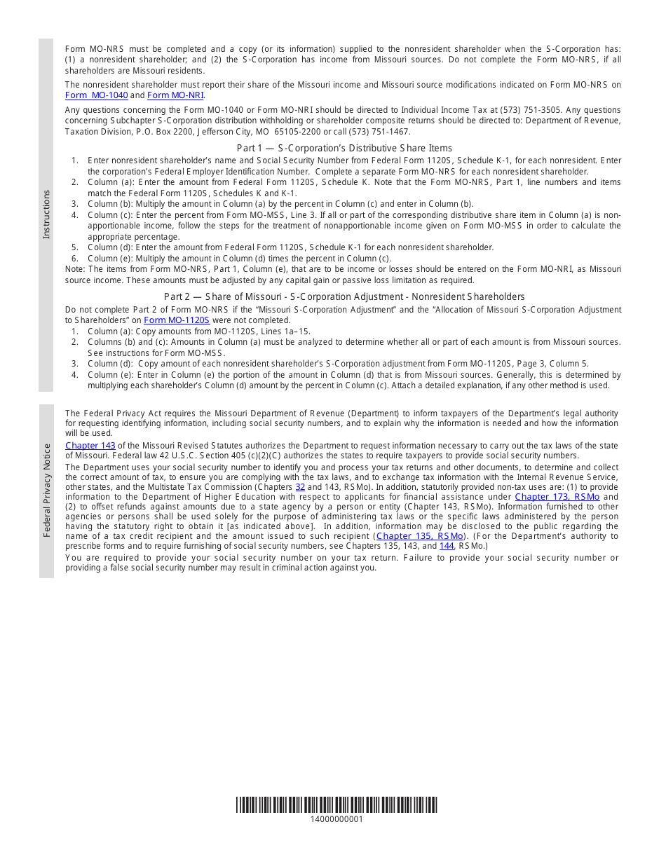 Form MO-NRS S-Corporation Nonresident Form - Missouri, Page 3