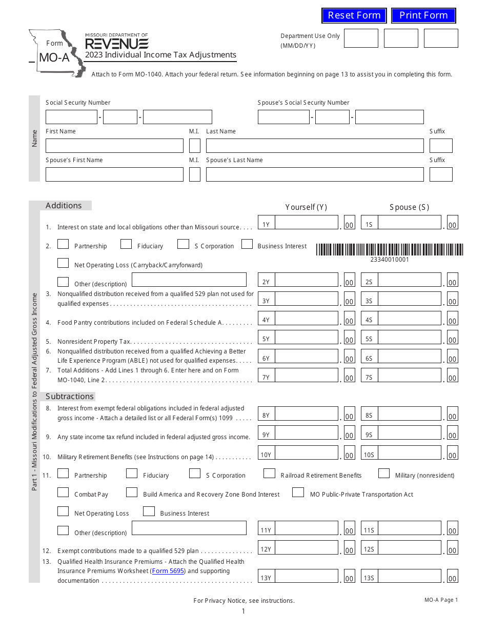 Form MO-A Download Fillable PDF or Fill Online Individual Income Tax ...