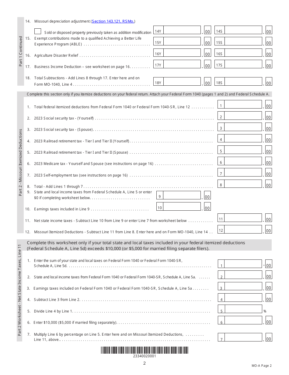Form MO-A Individual Income Tax Adjustments - Missouri, Page 2