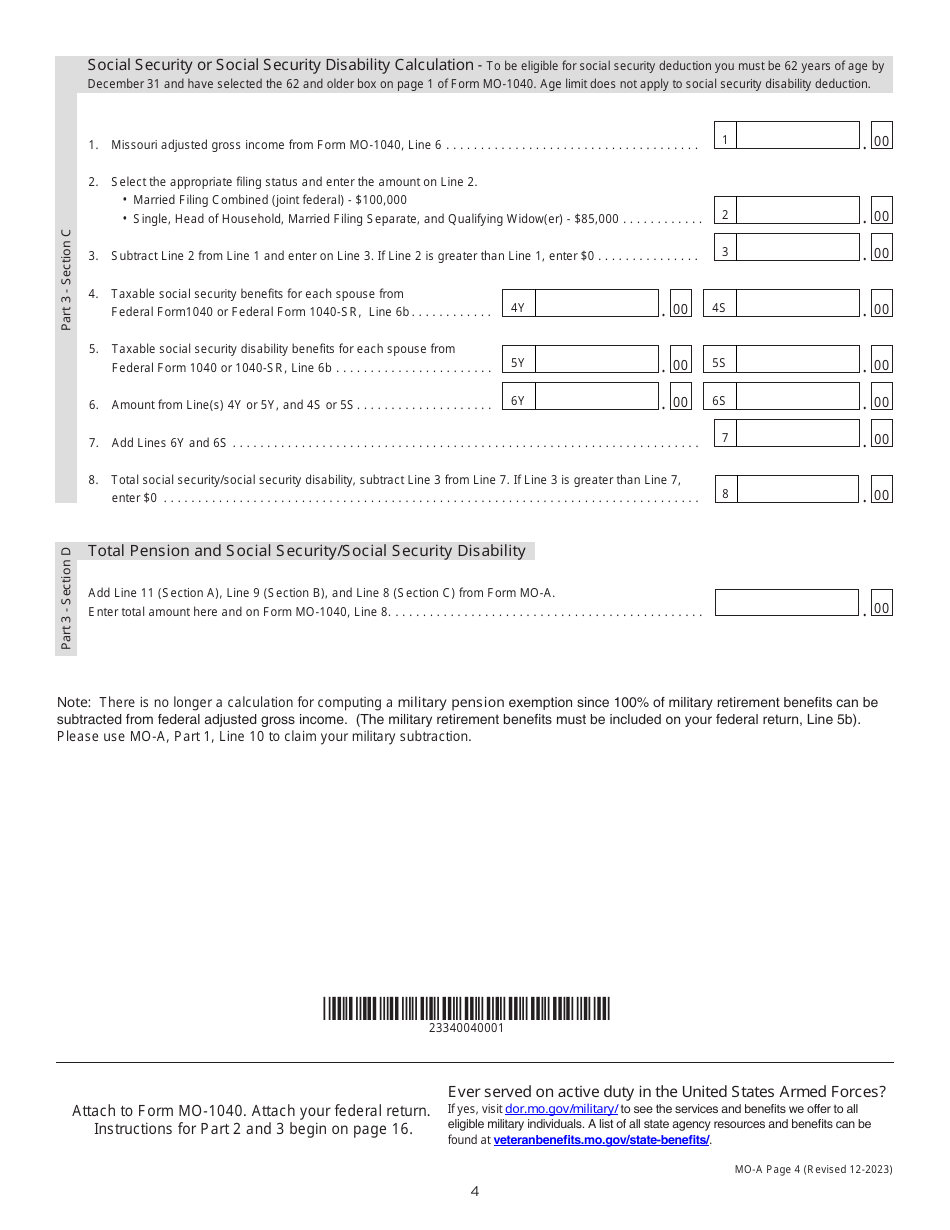 Form MO-A Individual Income Tax Adjustments - Missouri, Page 4