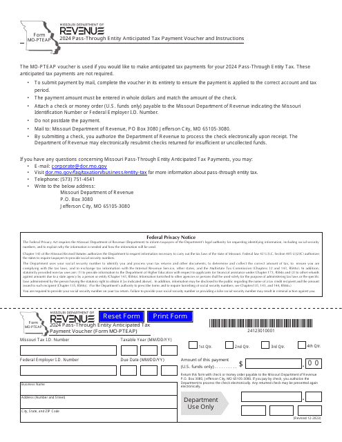 Form MO-PTEAP Pass-Through Entity Anticipated Tax Payment Voucher - Missouri, 2024