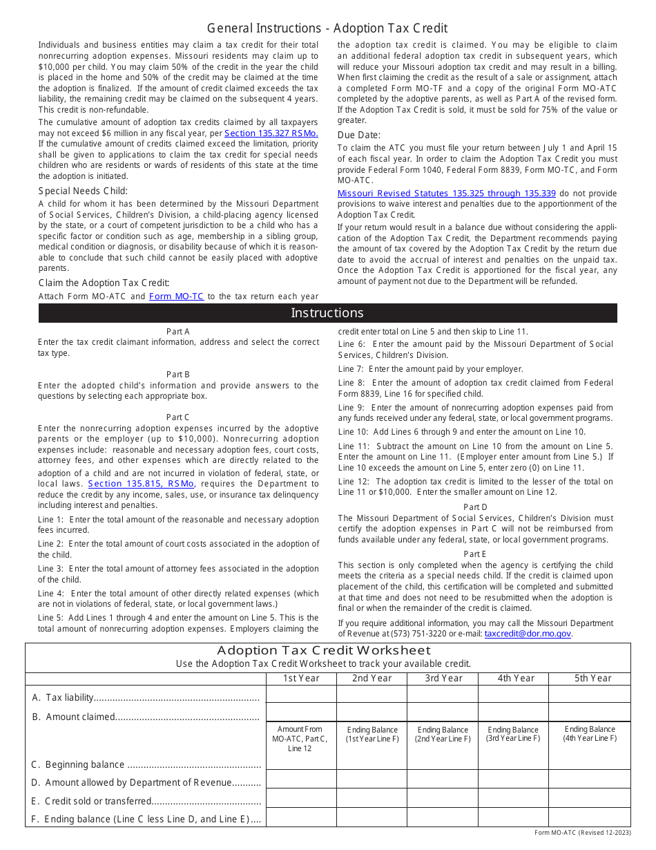 Form MO-ATC Adoption Tax Credit Claim - Missouri, Page 3