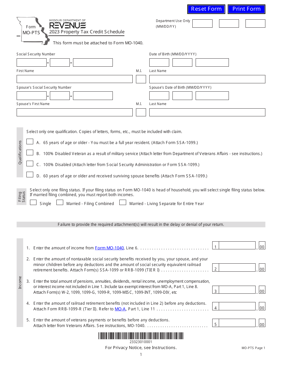 Form MO-PTS Download Fillable PDF or Fill Online Property Tax Credit ...
