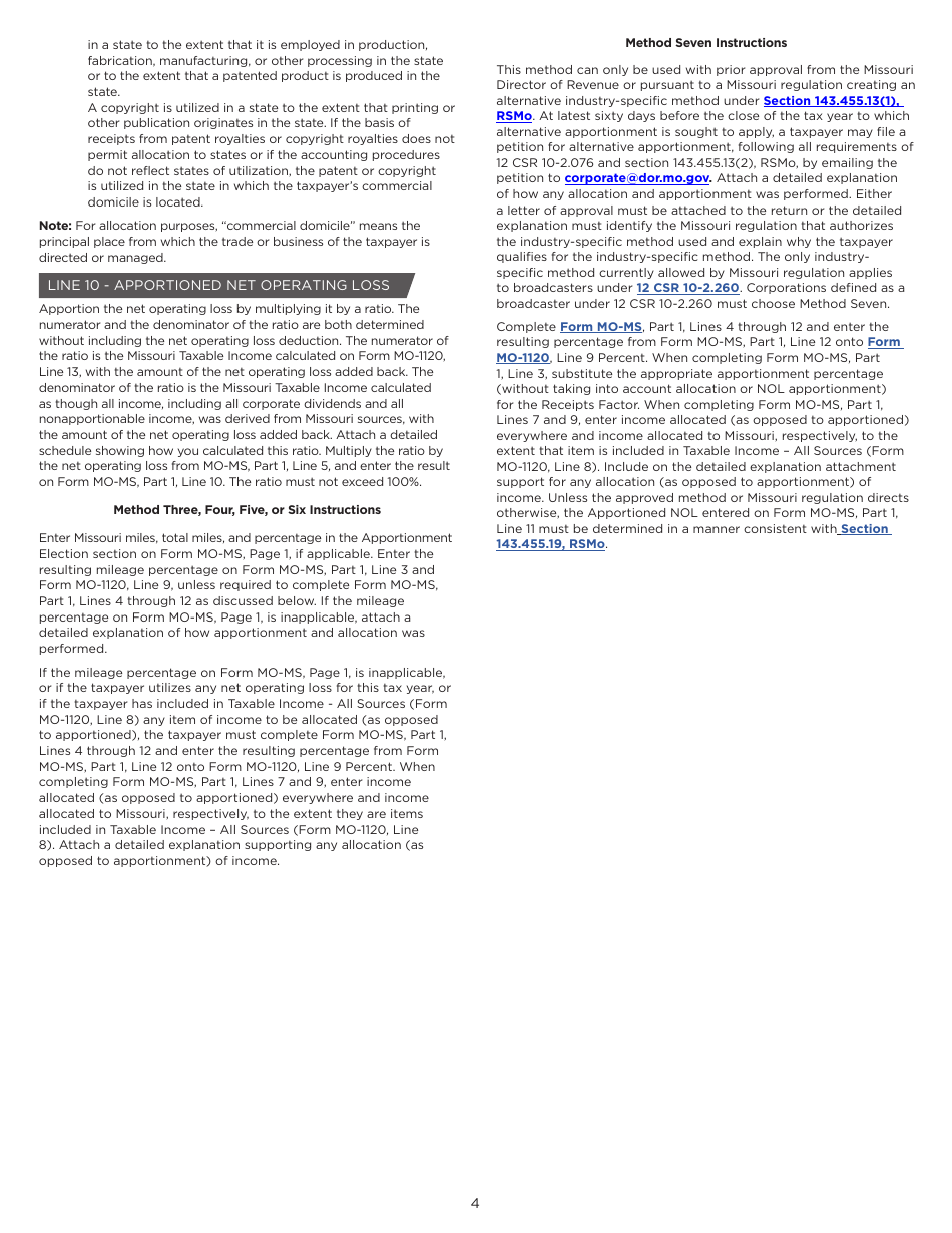 Form MO-MS Corporation Allocation and Apportionment of Income Schedule - Missouri, Page 4