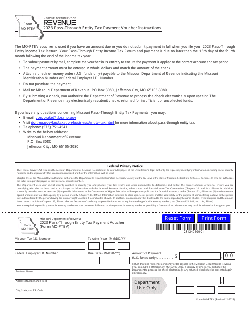 Form MO-PTEV Pass-Through Entity Tax Payment Voucher - Missouri, 2023