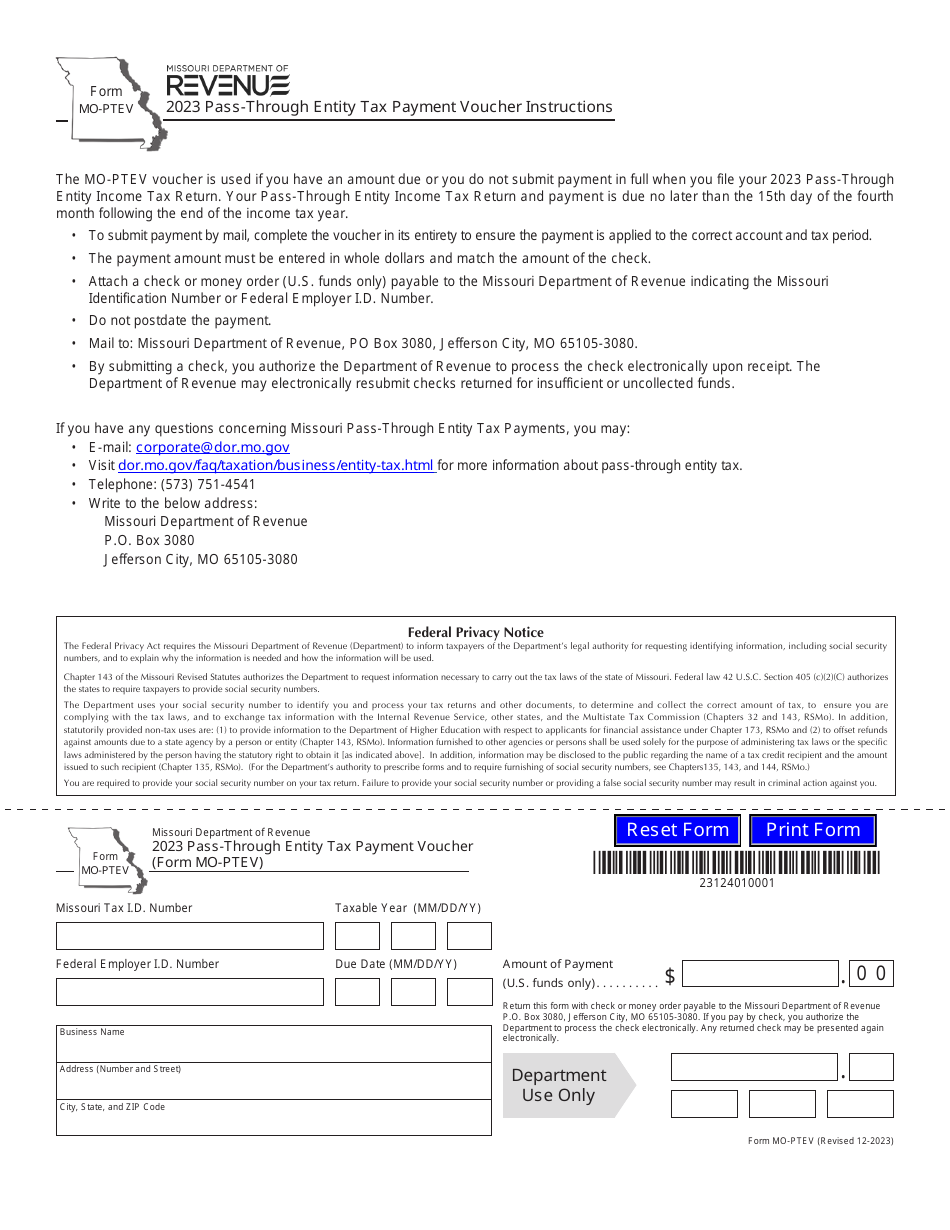 Form MO-PTEV Pass-Through Entity Tax Payment Voucher - Missouri, Page 1