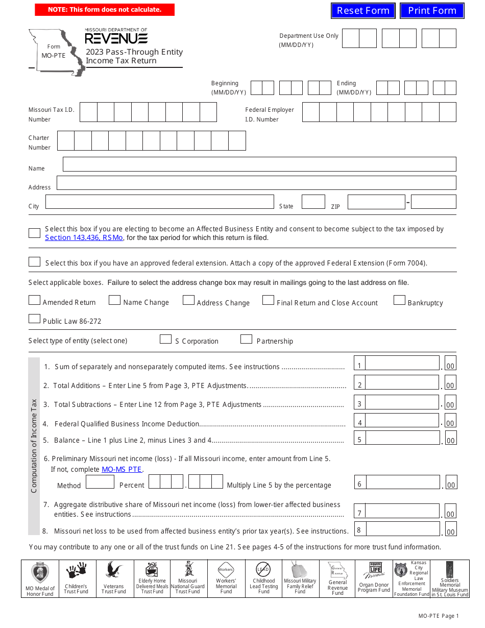 Form MO-PTE Pass-Through Entity Income Tax Return - Missouri, Page 1
