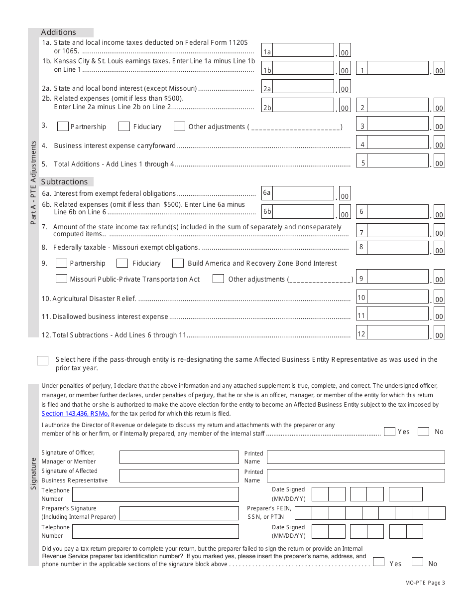 Form MO-PTE Download Fillable PDF or Fill Online Pass-Through Entity ...