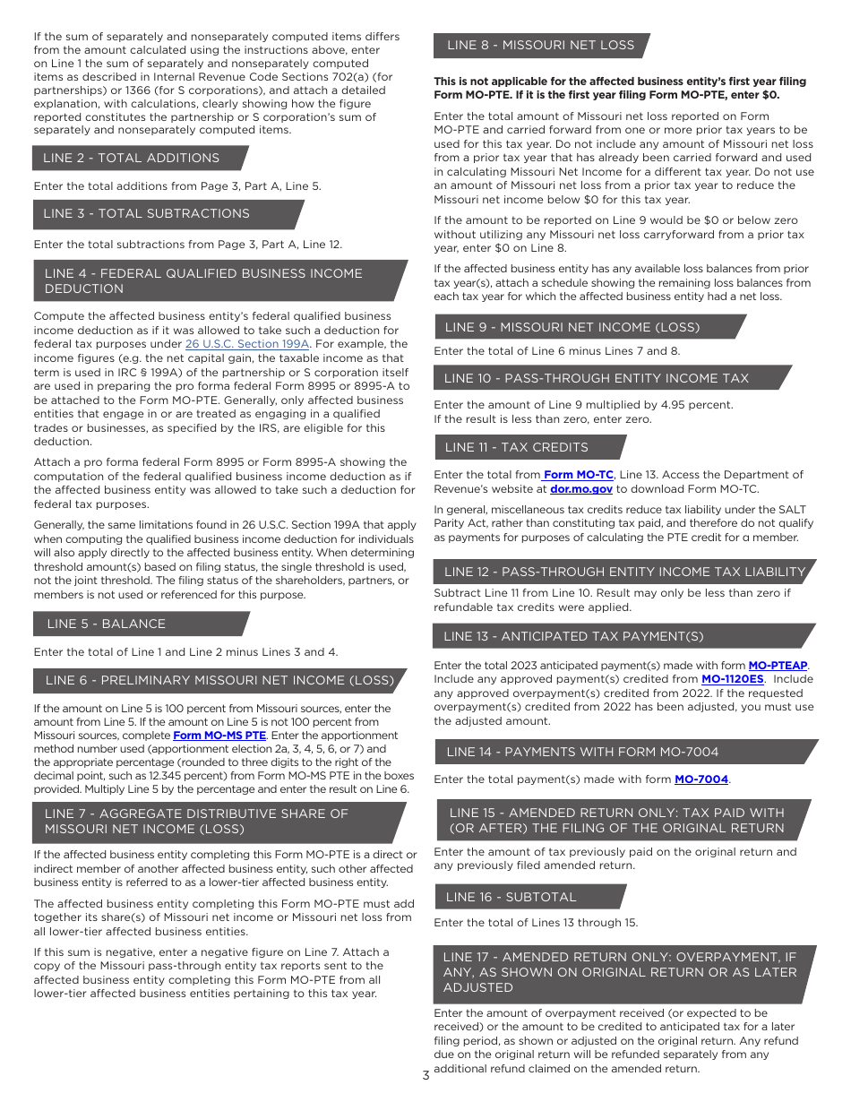 Instructions for Form MO-PTE Pass-Through Entity Income Tax Return - Missouri, Page 3