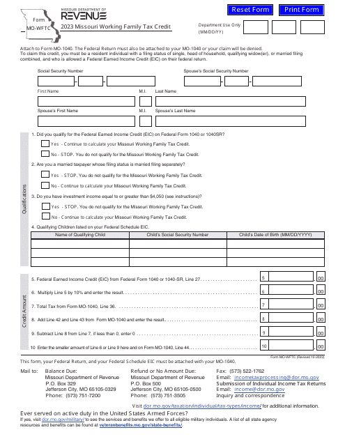 Form MO-WFTC Missouri Working Family Tax Credit - Missouri, 2023