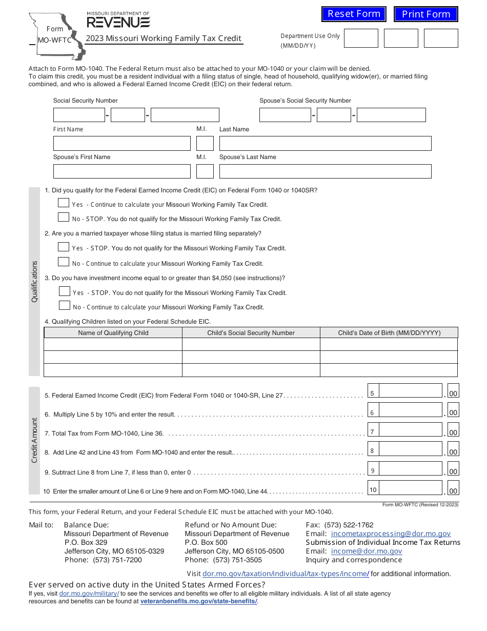 Form MO-WFTC Missouri Working Family Tax Credit - Missouri, Page 1