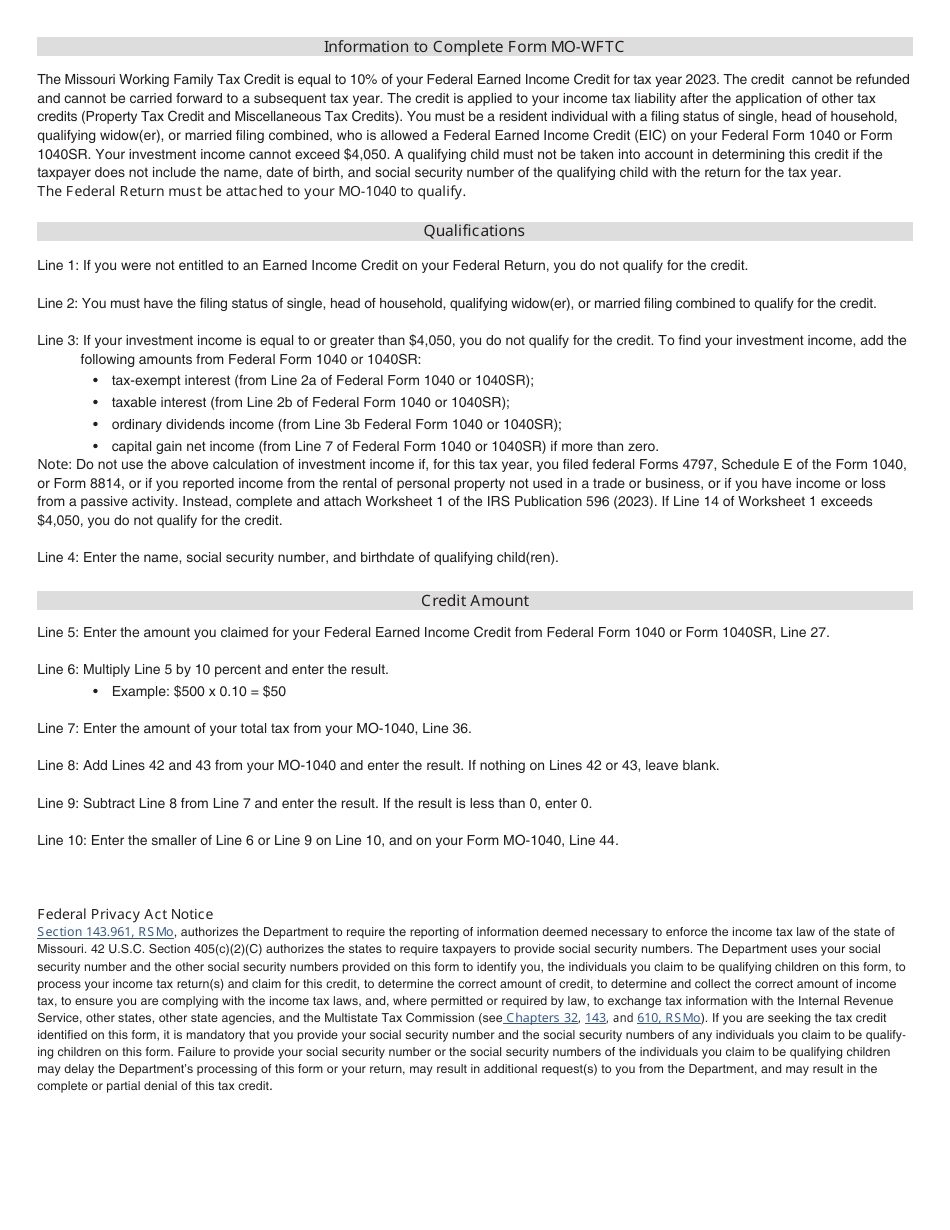 Form MO-WFTC Missouri Working Family Tax Credit - Missouri, Page 2